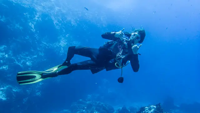 Un relief sous-marin creusé, dans une eau bleue